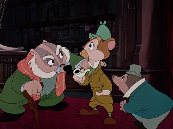 Movie still from “The Adventures of Ichabod and Mr. Toad” (1949), directed by Jack Kinney – A group of cartoon characters are gathered around a book case; Medium shot, Over the shoulder angle