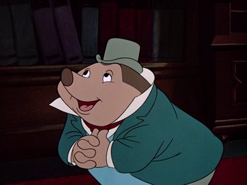 Movie still from “The Adventures of Ichabod and Mr. Toad” (1949), directed by Jack Kinney – A cartoon of a dog wearing a green jacket and a hat; Medium shot, Low angle