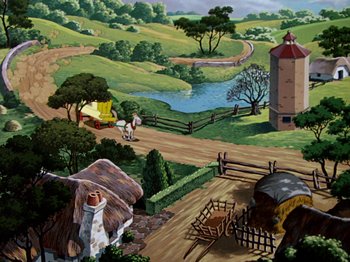 Movie still from “The Adventures of Ichabod and Mr. Toad” (1949), directed by Jack Kinney – An oil painting of a farm with a horse and carriage; Extreme Wide shot, High angle