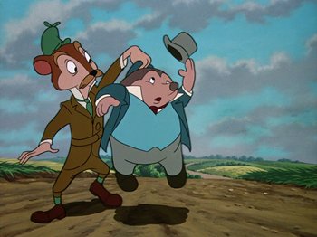 Movie still from “The Adventures of Ichabod and Mr. Toad” (1949), directed by Jack Kinney – Two cartoon characters one of which is holding a hat and one of which is holding something in his hand; Medium shot, Low angle