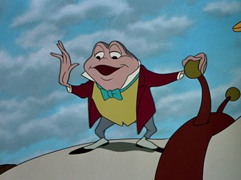 Movie still from “The Adventures of Ichabod and Mr. Toad” (1949), directed by Jack Kinney – An animated picture of a man in a red jacket and yellow shirt; Medium shot, Low angle