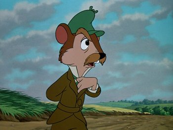 Movie still from “The Adventures of Ichabod and Mr. Toad” (1949), directed by Jack Kinney – A cartoon of a mouse wearing a green hat; Close Up shot, Low angle