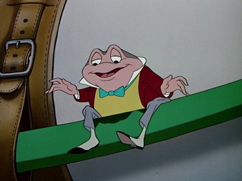 Movie still from “The Adventures of Ichabod and Mr. Toad” (1949), directed by Jack Kinney – A cartoon character on a green surface; Medium shot, Low angle