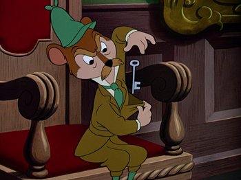 Movie still from “The Adventures of Ichabod and Mr. Toad” (1949), directed by Jack Kinney – A cartoon of a mouse holding a key in his hand; Close Up shot, High angle