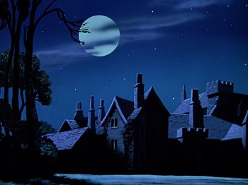 Movie still from “The Adventures of Ichabod and Mr. Toad” (1949), directed by Jack Kinney – A night scene with a full moon in the background; Extreme Wide shot, Low angle