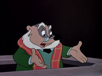 Movie still from “The Adventures of Ichabod and Mr. Toad” (1949), directed by Jack Kinney – A cartoon character with his hands out; Close Up shot, Over the shoulder angle