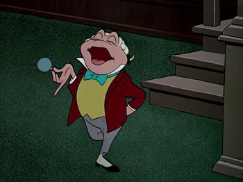 Movie still from “The Adventures of Ichabod and Mr. Toad” (1949), directed by Jack Kinney – An animated character is singing and holding a microphone in his hand; Medium shot, Low angle
