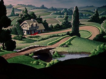 Movie still from “The Adventures of Ichabod and Mr. Toad” (1949), directed by Jack Kinney – An oil painting of a rural landscape with a bridge; Extreme Wide shot, High angle