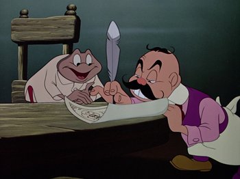 Movie still from “The Adventures of Ichabod and Mr. Toad” (1949), directed by Jack Kinney – Two cartoon characters sitting at a table with a knife; Medium shot, Over the shoulder angle