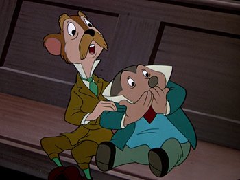Movie still from “The Adventures of Ichabod and Mr. Toad” (1949), directed by Jack Kinney – A couple of people that are sitting on the ground; Medium shot, Low angle