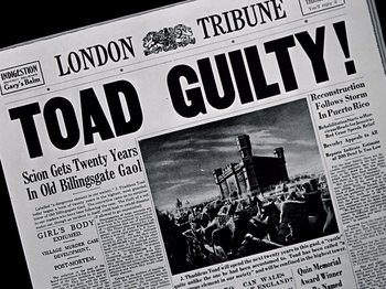 Movie still from “The Adventures of Ichabod and Mr. Toad” (1949), directed by Jack Kinney – An old newspaper with a picture on it; Extreme Close Up shot, High angle