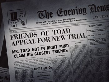 Movie still from “The Adventures of Ichabod and Mr. Toad” (1949), directed by Jack Kinney – The front page of a newspaper; Extreme Close Up shot, High angle