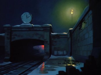 Movie still from “The Adventures of Ichabod and Mr. Toad” (1949), directed by Jack Kinney – A train is going under a bridge at night time; Extreme Wide shot, Low angle