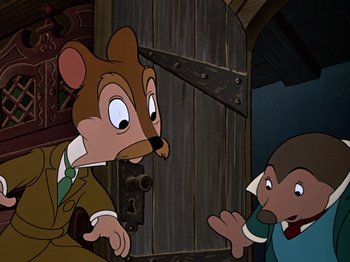 Movie still from “The Adventures of Ichabod and Mr. Toad” (1949), directed by Jack Kinney – A cartoon of a mouse and a mouse holding a gun; Close Up shot, High angle