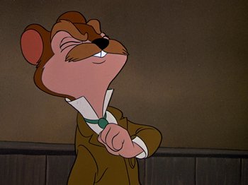 Movie still from “The Adventures of Ichabod and Mr. Toad” (1949), directed by Jack Kinney – A cartoon of a mouse wearing a suit and tie; Close Up shot, Low angle