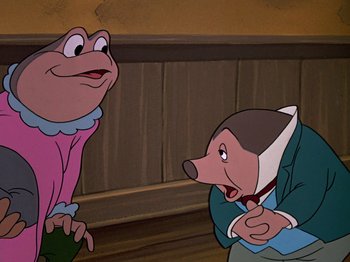 Movie still from “The Adventures of Ichabod and Mr. Toad” (1949), directed by Jack Kinney – Two cartoon characters one of which is talking to the other; Medium shot, Over the shoulder angle