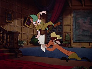 Movie still from “The Adventures of Ichabod and Mr. Toad” (1949), directed by Jack Kinney – Two animated characters are fighting in a room; Wide shot, High angle