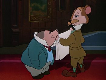 Movie still from “The Adventures of Ichabod and Mr. Toad” (1949), directed by Jack Kinney – A cartoon of a mouse and a bear in a suit; Medium shot, Over the shoulder angle