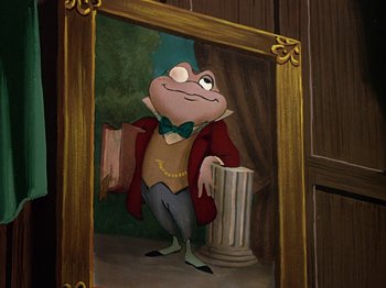 Movie still from “The Adventures of Ichabod and Mr. Toad” (1949), directed by Jack Kinney – A painting of a frog in front of a mirror; Medium shot, Low angle