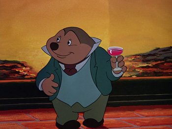 Movie still from “The Adventures of Ichabod and Mr. Toad” (1949), directed by Jack Kinney – A cartoon bear is holding a glass of wine; Medium shot, Low angle