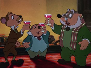 Movie still from “The Adventures of Ichabod and Mr. Toad” (1949), directed by Jack Kinney – A group of three cartoon bears holding wine glasses; Medium shot, Low angle
