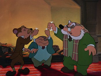 Movie still from “The Adventures of Ichabod and Mr. Toad” (1949), directed by Jack Kinney – A group of cartoon characters standing next to each other; Medium shot, Low angle