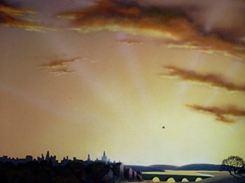 Movie still from “The Adventures of Ichabod and Mr. Toad” (1949), directed by Jack Kinney – A painting of a city skyline with a bridge in the background; Extreme Wide shot, Low angle