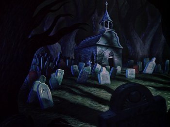 Movie still from “The Adventures of Ichabod and Mr. Toad” (1949), directed by Jack Kinney – An image of a graveyard with a church in the background; Extreme Wide shot, High angle
