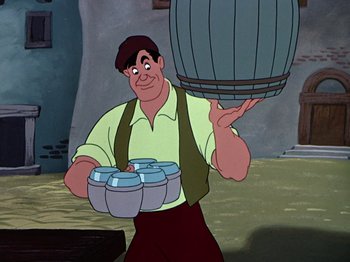 Movie still from “The Adventures of Ichabod and Mr. Toad” (1949), directed by Jack Kinney – A man holding a bunch of drinks in his hand; Medium shot, Low angle