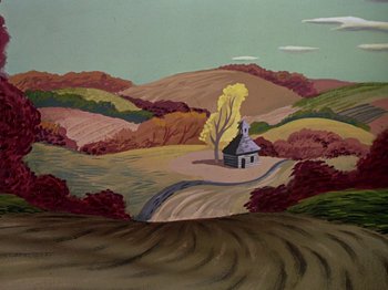 Movie still from “The Adventures of Ichabod and Mr. Toad” (1949), directed by Jack Kinney – A painting of a small church in a field; Extreme Wide shot, High angle