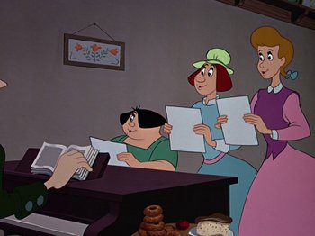 Movie still from “The Adventures of Ichabod and Mr. Toad” (1949), directed by Jack Kinney – A group of people standing in front of a table; Medium shot, Over the shoulder angle