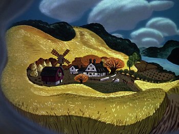 Movie still from “The Adventures of Ichabod and Mr. Toad” (1949), directed by Jack Kinney – An oil painting of a farm in the middle of a field; Extreme Wide shot, High angle