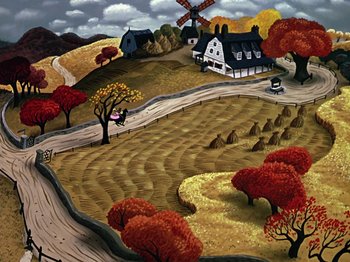 Movie still from “The Adventures of Ichabod and Mr. Toad” (1949), directed by Jack Kinney – An oil painting of an autumn landscape with a windmill; Extreme Wide shot, High angle