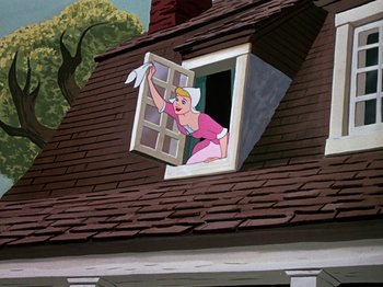 Movie still from “The Adventures of Ichabod and Mr. Toad” (1949), directed by Jack Kinney – A painting of a woman in a pink dress looking out of a window; Wide shot, Low angle