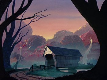 A painting of a covered bridge in the middle of a forest