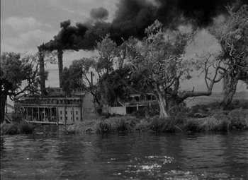 Movie still from “The Adventures of Mark Twain” (1944), directed by Irving Rapper – A black and white photo of a river with a boat on it; Extreme Wide shot, Low angle