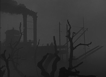 Movie still from “The Adventures of Mark Twain” (1944), directed by Irving Rapper – A black - and - white photo of a bridge in the fog; Extreme Wide shot, Low angle