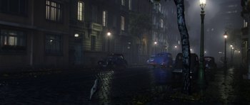 Movie still from “The Adventures of Tintin” (2011), directed by Steven Spielberg – A street scene with a cat on the sidewalk; Extreme Wide shot, High angle