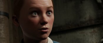Movie still from “The Adventures of Tintin” (2011), directed by Steven Spielberg – The face of a young person; Close Up shot, Over the shoulder angle