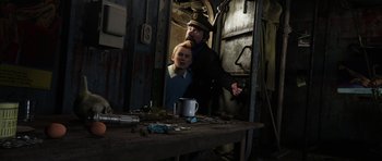 Movie still from “The Adventures of Tintin” (2011), directed by Steven Spielberg – A man and a boy are standing next to each other; Medium shot, High angle