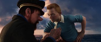 Movie still from “The Adventures of Tintin” (2011), directed by Steven Spielberg – A man and a boy in a boat on the water; Medium shot, Over the shoulder angle