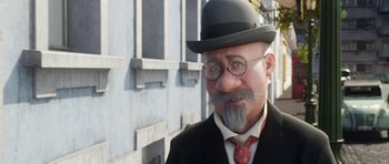 Movie still from “The Adventures of Tintin” (2011), directed by Steven Spielberg – An old man with a beard and a hat and glasses; Close Up shot, Over the shoulder angle