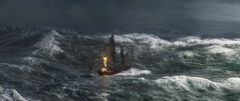 Movie still from “The Adventures of Tintin” (2011), directed by Steven Spielberg – A boat in the middle of the ocean in the middle of a storm; Extreme Wide shot, High angle