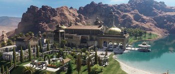 Movie still from “The Adventures of Tintin” (2011), directed by Steven Spielberg – An aerial view of a resort in the mountains; Extreme Wide shot, High angle