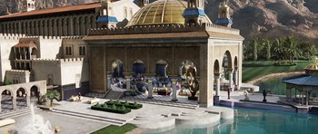 Movie still from “The Adventures of Tintin” (2011), directed by Steven Spielberg – A large building with a pool in the middle of it; Extreme Wide shot, High angle