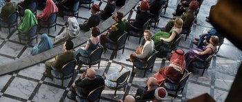 Movie still from “The Adventures of Tintin” (2011), directed by Steven Spielberg – A group of people sitting in chairs on a tiled floor; Extreme Wide shot, High angle