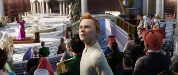 Movie still from “The Adventures of Tintin” (2011), directed by Steven Spielberg – A man with red hair standing in front of a group of people; Medium shot, High angle