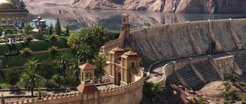 Movie still from “The Adventures of Tintin” (2011), directed by Steven Spielberg – An aerial view of a castle and a road; Extreme Wide shot, High angle