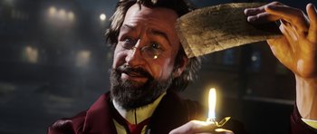 Movie still from “The Adventures of Tintin” (2011), directed by Steven Spielberg – A man with a beard holding a lit candle; Close Up shot, High angle
