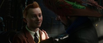 Movie still from “The Adventures of Tintin” (2011), directed by Steven Spielberg – A man with red hair is looking at another man with red hair; Close Up shot, Over the shoulder angle